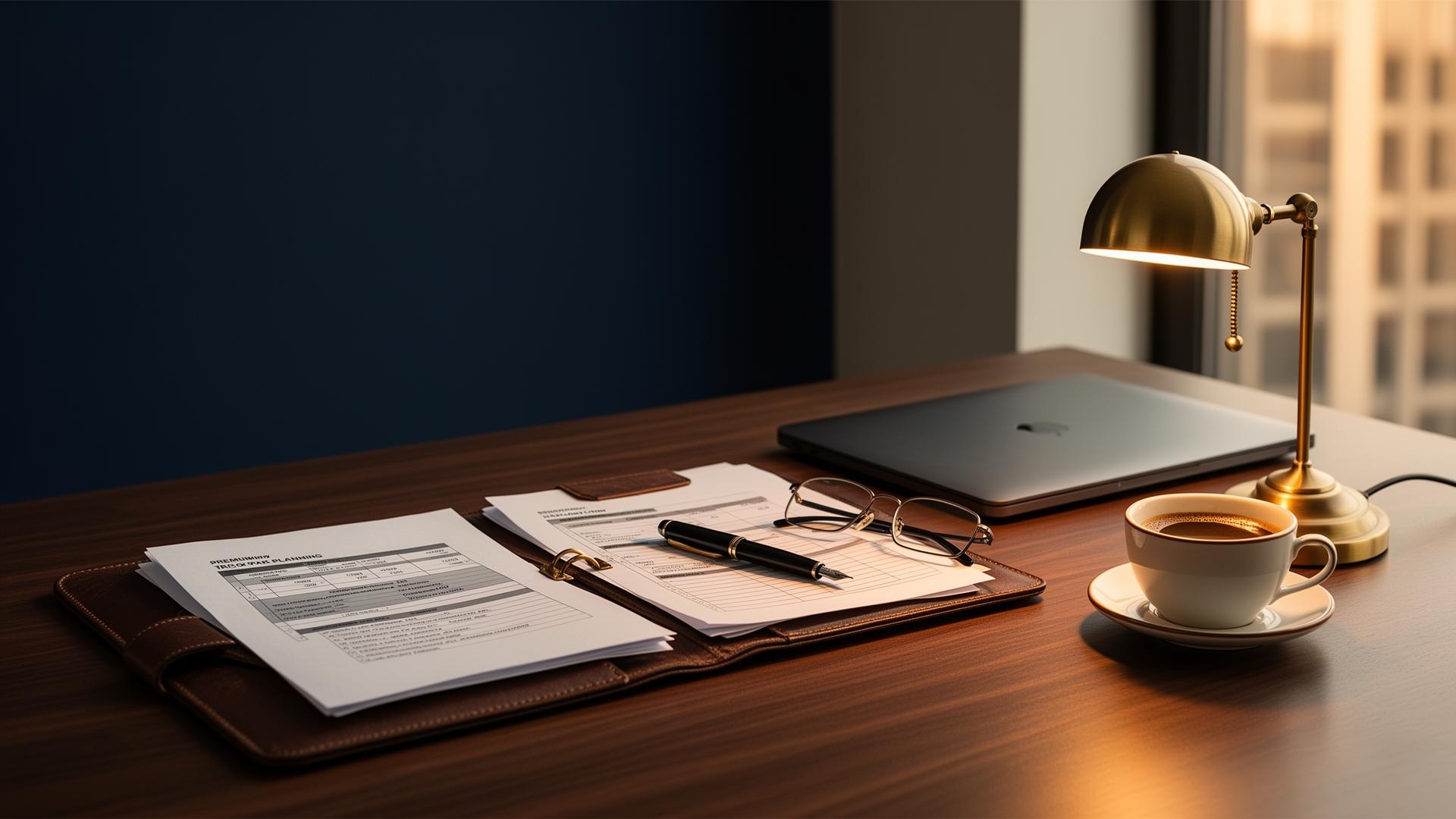 Premium tax planning desk with portfolio of tax documents, fountain pen, laptop and brass desk lamp in a Kuuni Partners advisory office